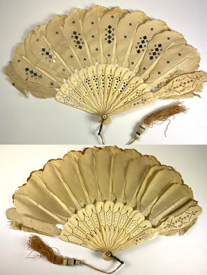 Antique mid Victorian Bone, Silk and Sequin Hand Fan, Jenny Lind Fashion, c.1860