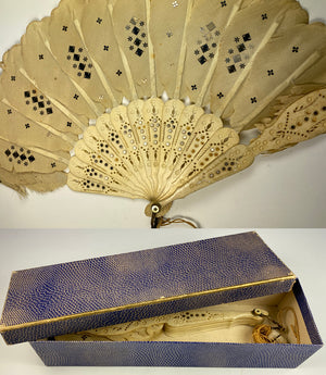 Antique mid Victorian Bone, Silk and Sequin Hand Fan, Jenny Lind Fashion, c.1860