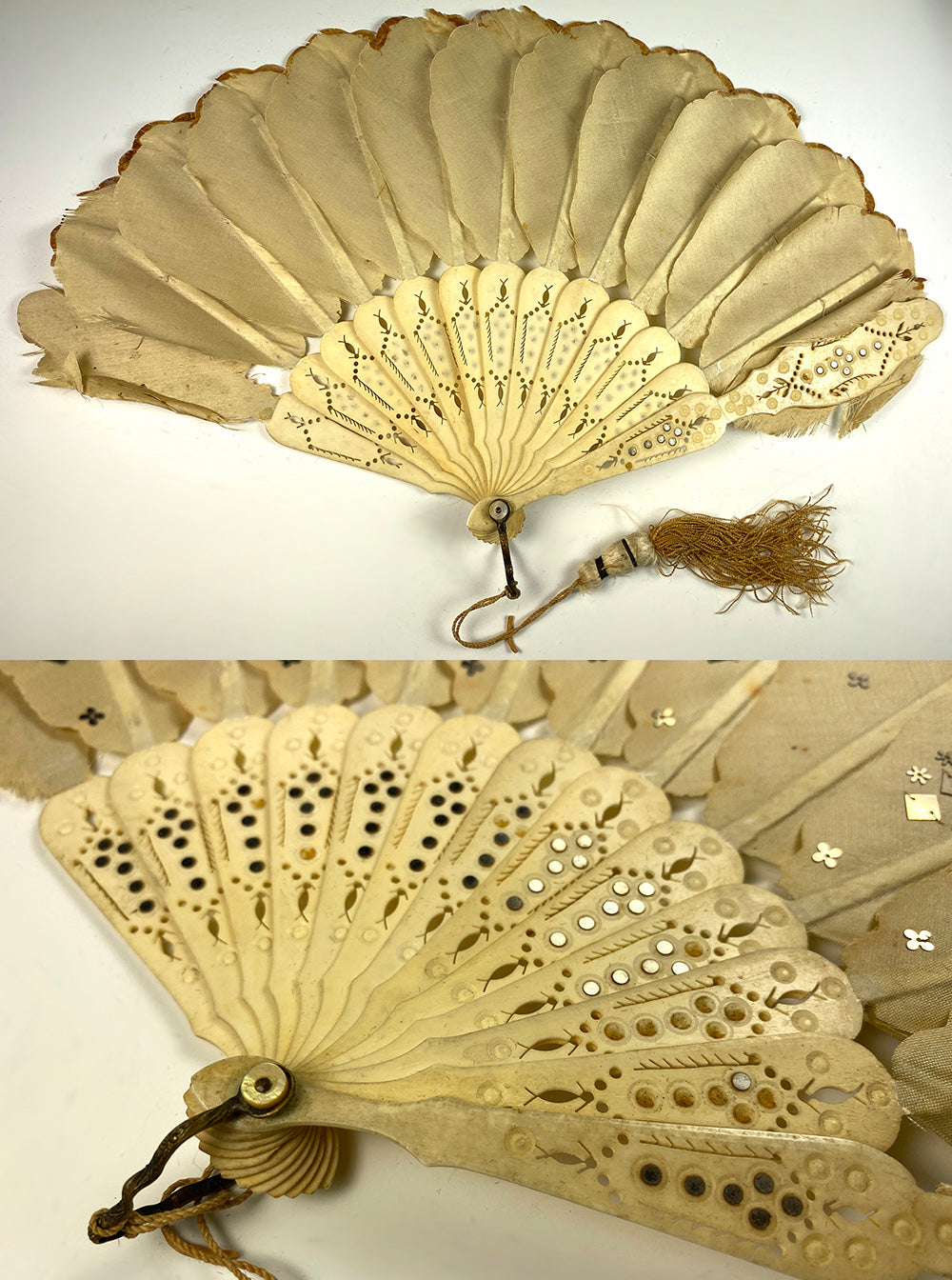 Antique mid Victorian Bone, Silk and Sequin Hand Fan, Jenny Lind Fashion, c.1860