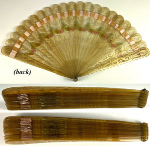 Antique Hand Painted French Hand Fan, First Empire, c.1800-1815, Blond Tortoise Shell or Horn