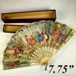 Antique French Napoleon III c.1840-60s Hand Fan, Hand Colored Litho, Bone Sticks, Guards, in Box