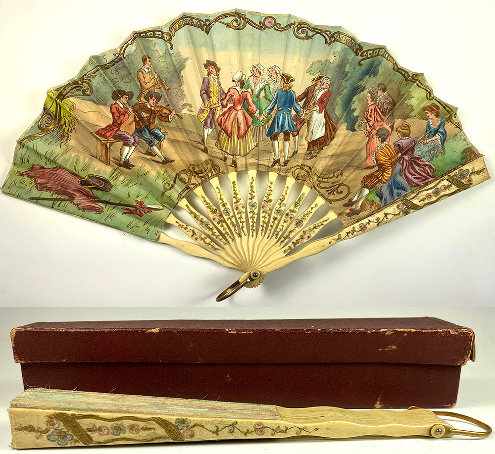 Antique French Napoleon III c.1840-60s Hand Fan, Hand Colored Litho, Bone Sticks, Guards, in Box