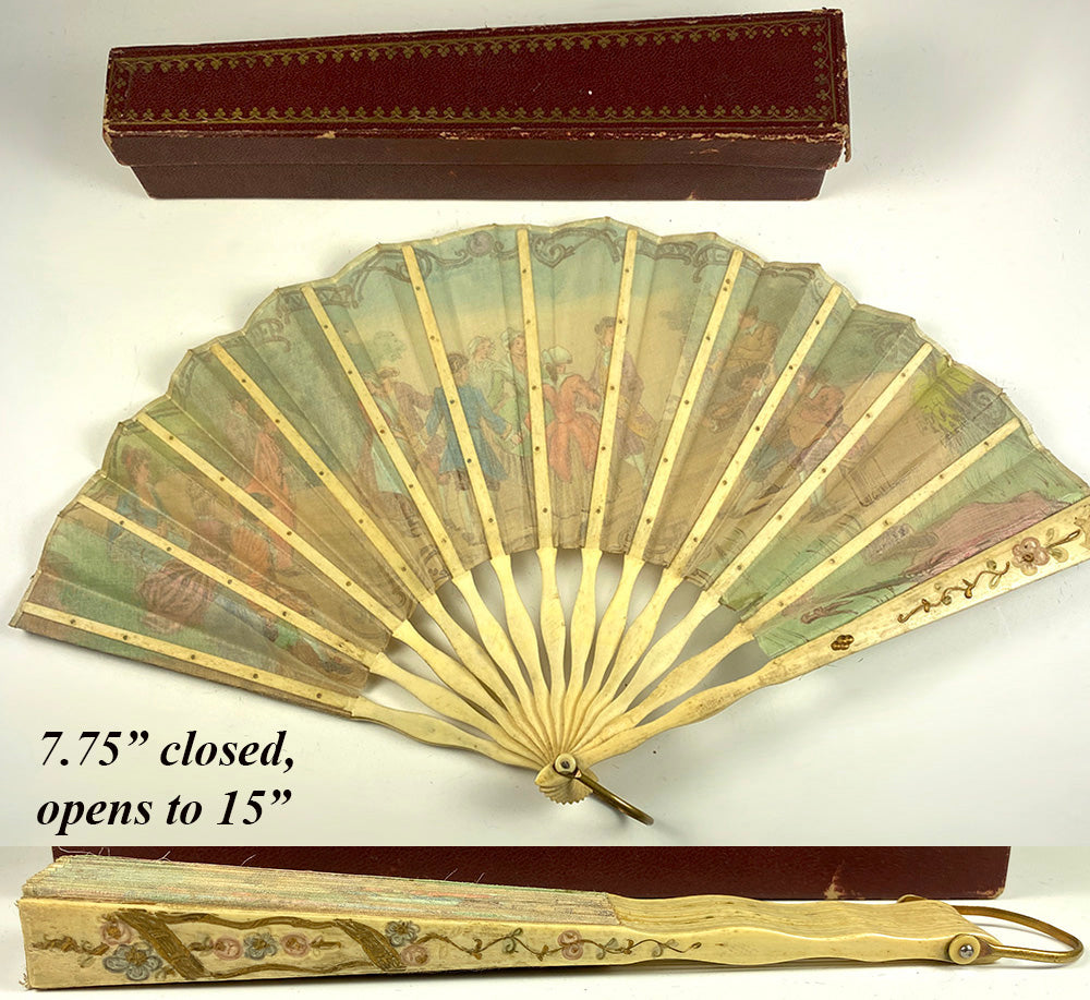 Antique French Napoleon III c.1840-60s Hand Fan, Hand Colored Litho, Bone Sticks, Guards, in Box