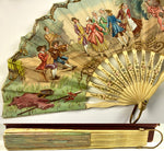 Antique French Napoleon III c.1840-60s Hand Fan, Hand Colored Litho, Bone Sticks, Guards, in Box