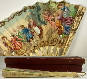 Antique French Napoleon III c.1840-60s Hand Fan, Hand Colored Litho, Bone Sticks, Guards, in Box