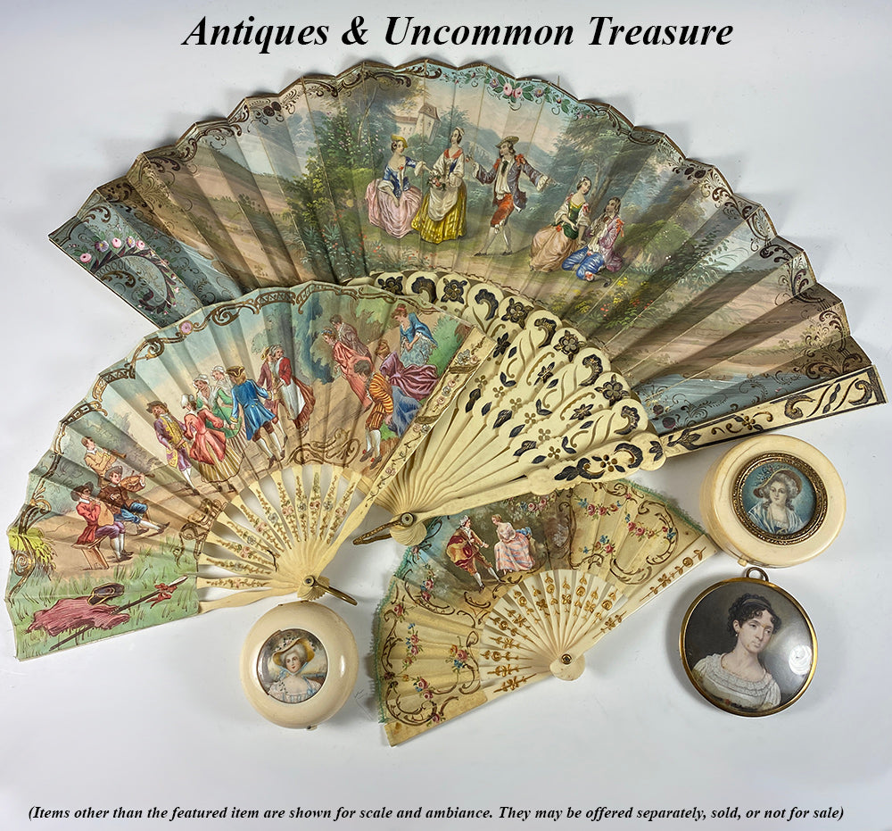 Antique French Napoleon III c.1840-60s Hand Fan, Hand Colored Litho, Bone Sticks, Guards, in Box