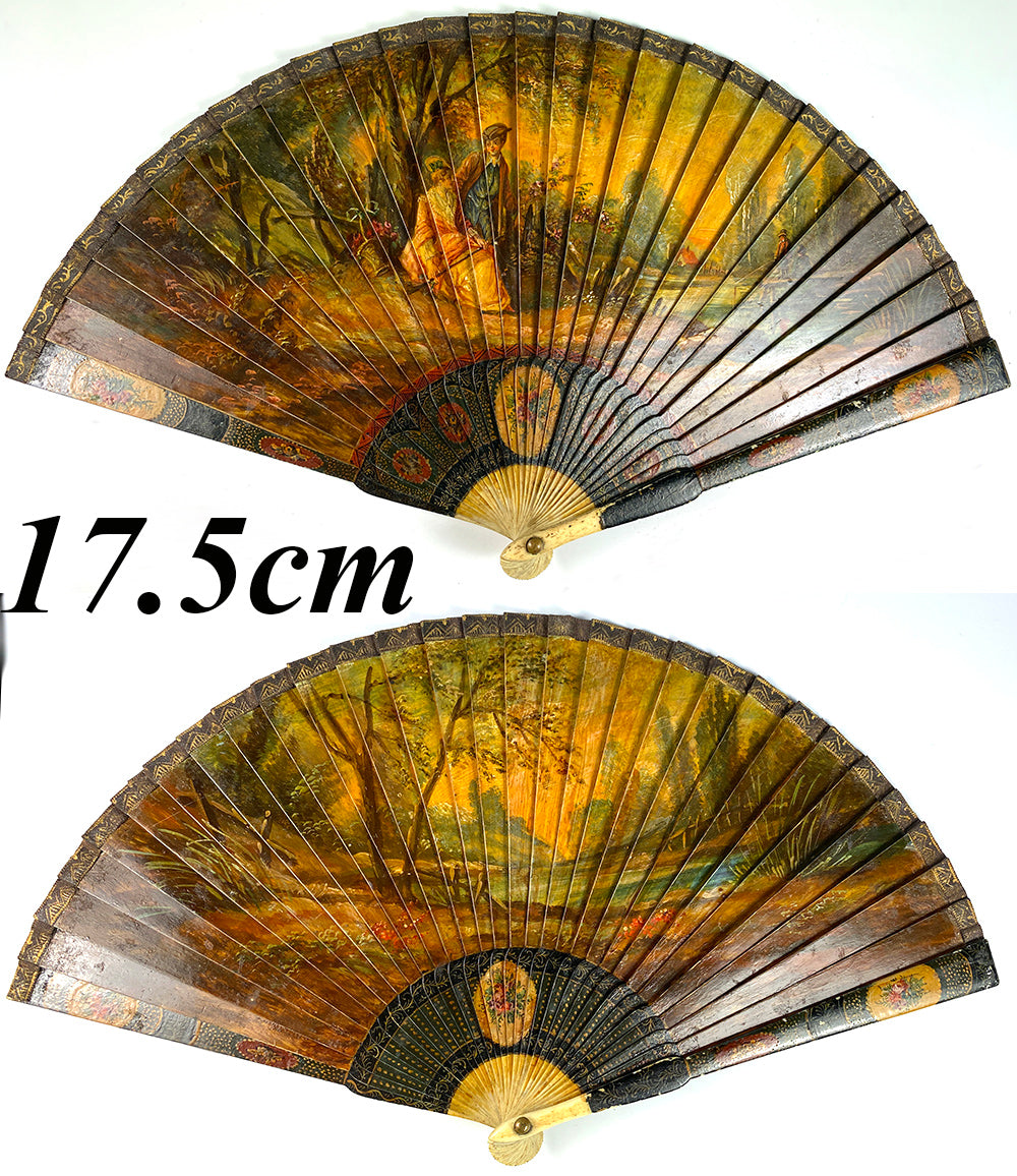 Antique French Vernis Martin Romantic Era Revival Hand Painted Bone Fan, c.1880-1900