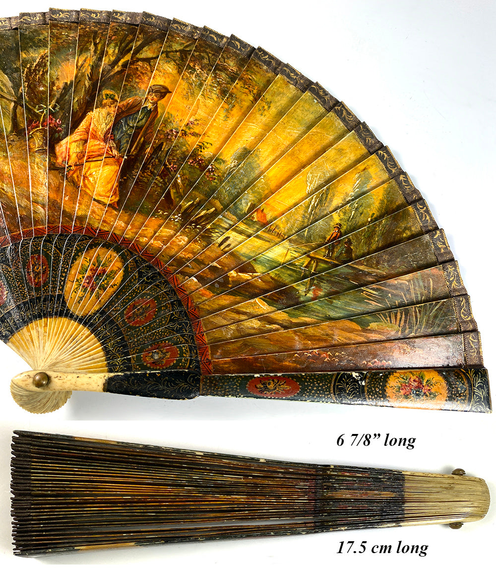 Antique French Vernis Martin Romantic Era Revival Hand Painted Bone Fan, c.1880-1900