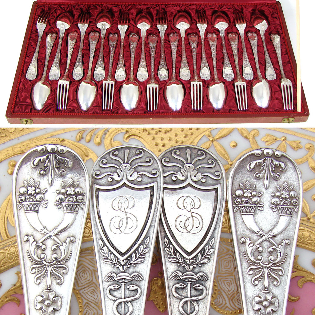 Magnificent Antique French Sterling Silver 24pc Fork & Spoon Flatware Set, Caduceus Serpents