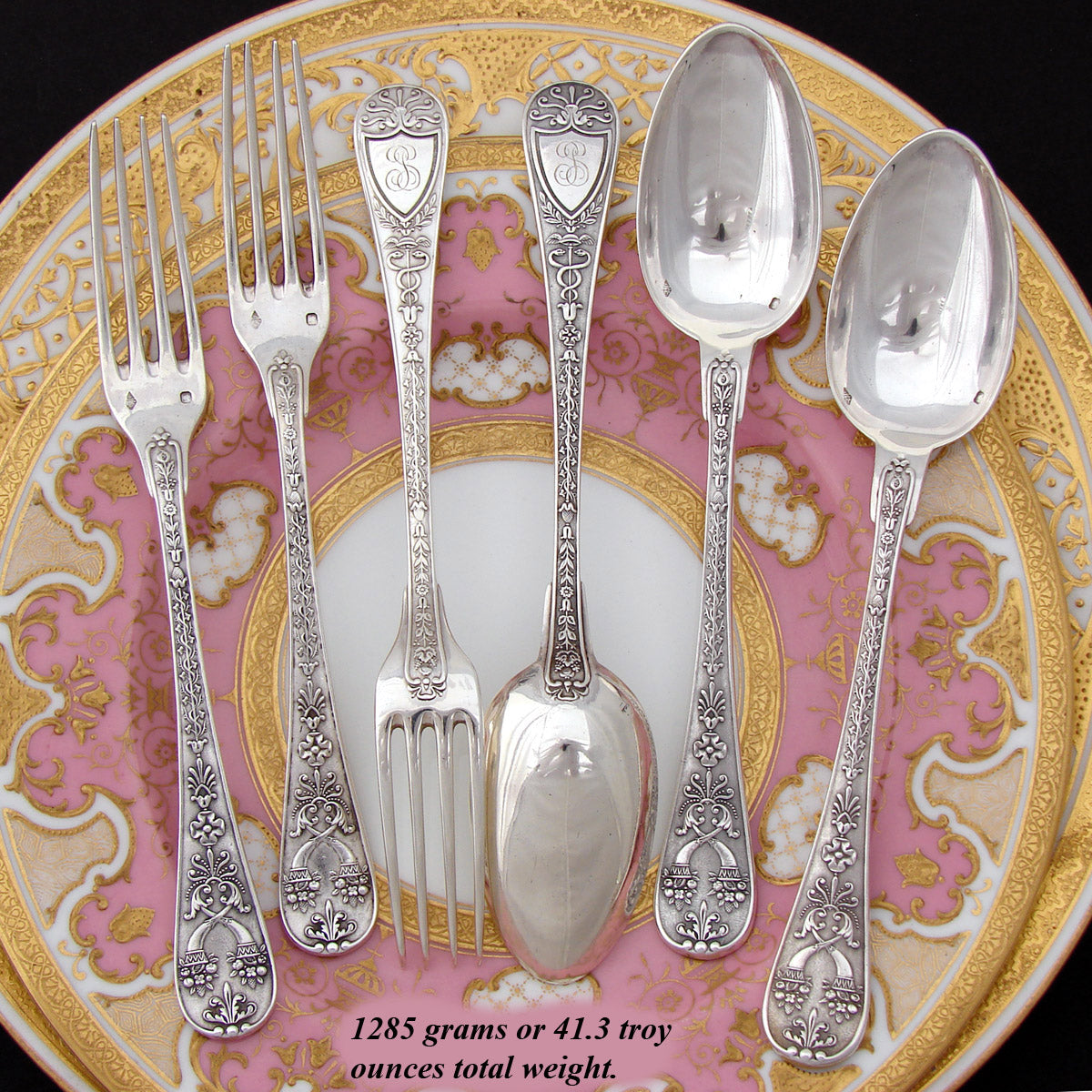 Magnificent Antique French Sterling Silver 24pc Fork & Spoon Flatware Set, Caduceus Serpents