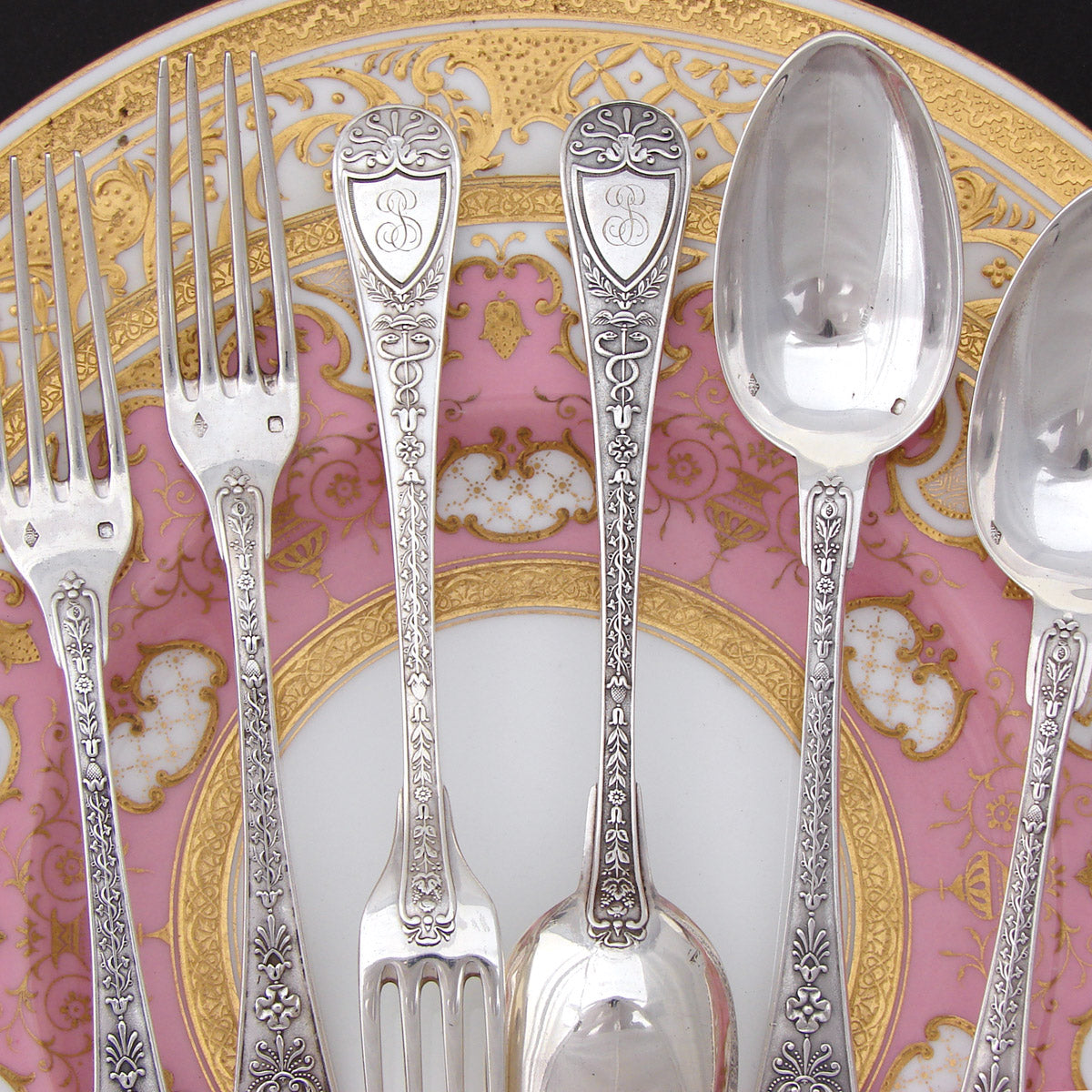 Magnificent Antique French Sterling Silver 24pc Fork & Spoon Flatware Set, Caduceus Serpents