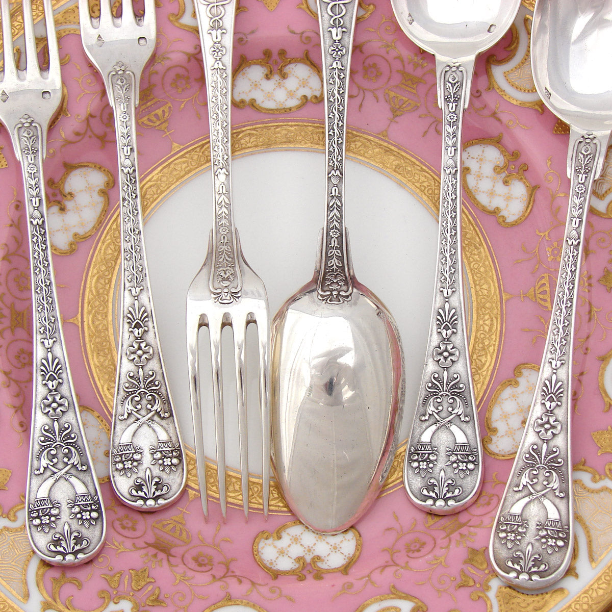 Magnificent Antique French Sterling Silver 24pc Fork & Spoon Flatware Set, Caduceus Serpents