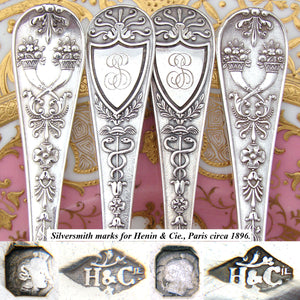 Magnificent Antique French Sterling Silver 24pc Fork & Spoon Flatware Set, Caduceus Serpents