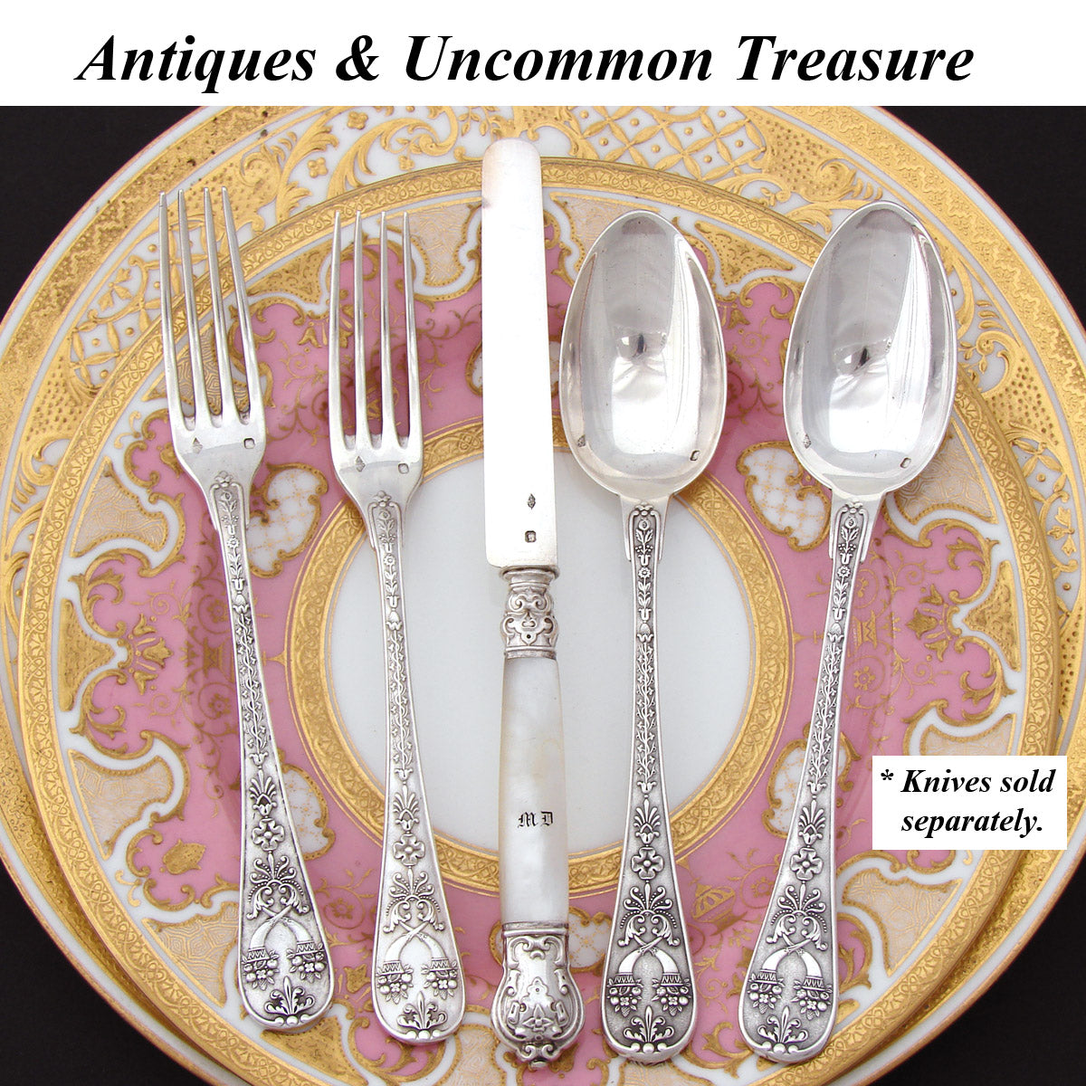 Magnificent Antique French Sterling Silver 24pc Fork & Spoon Flatware Set, Caduceus Serpents