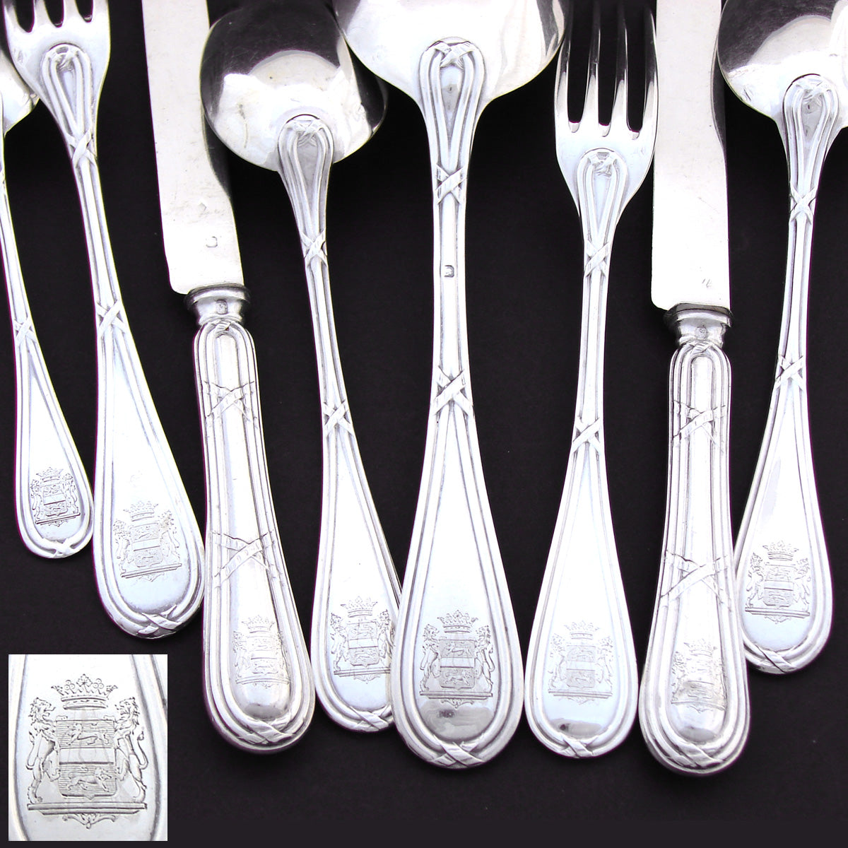 Antique French Sterling Silver 8pc Flatware Set, 3pc Place Setting for Two, Crown Top Armorial Heraldry