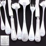 Antique French Sterling Silver 8pc Flatware Set, 3pc Place Setting for Two, Crown Top Armorial Heraldry