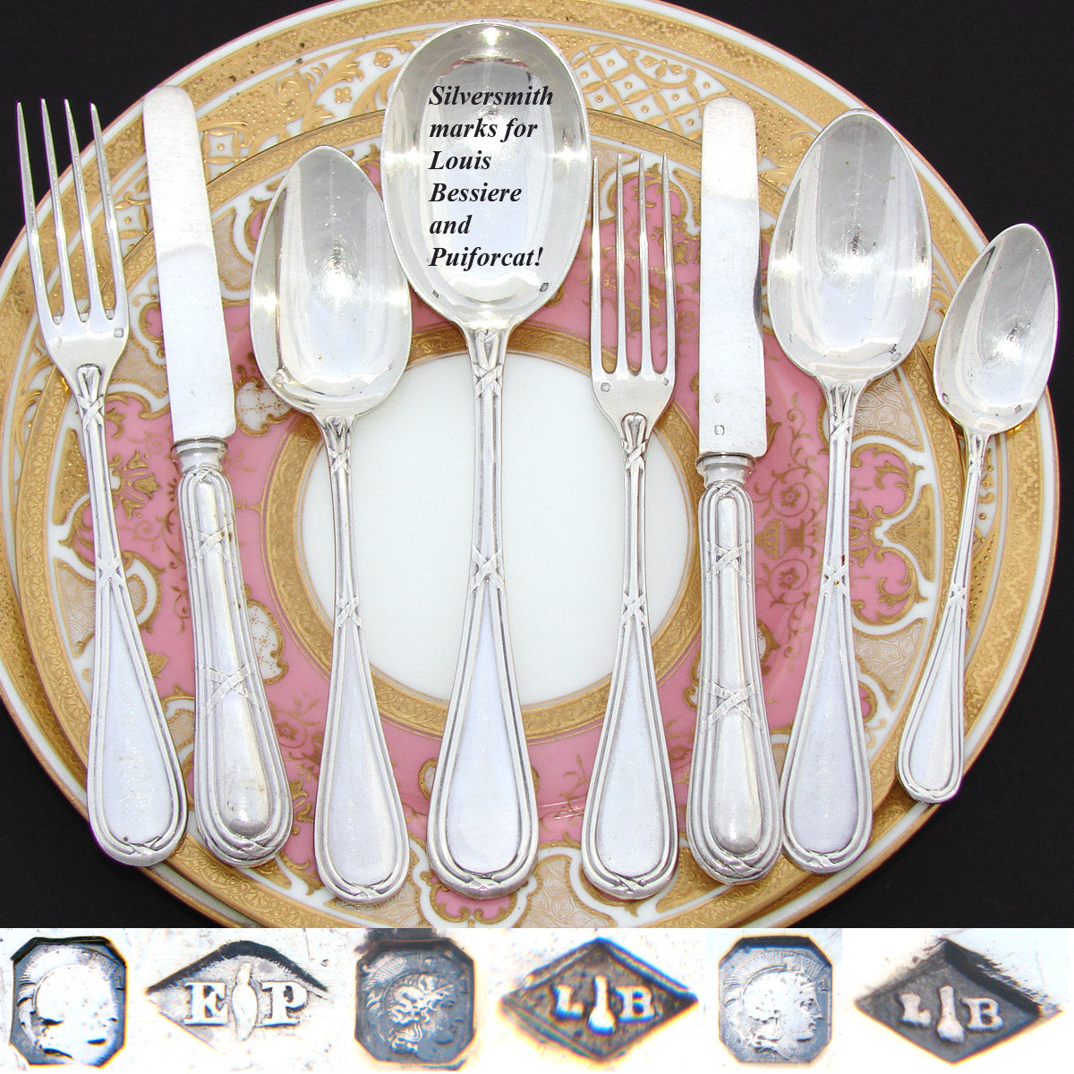 Antique French Sterling Silver 8pc Flatware Set, 3pc Place Setting for Two, Crown Top Armorial Heraldry