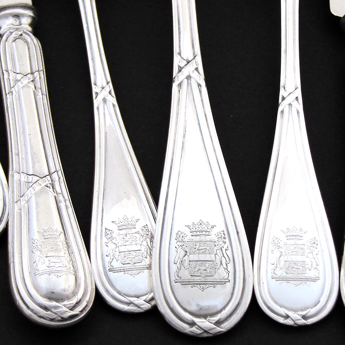 Antique French Sterling Silver 8pc Flatware Set, 3pc Place Setting for Two, Crown Top Armorial Heraldry