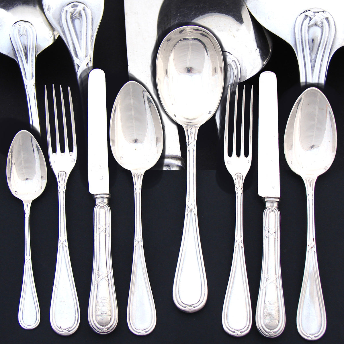 Antique French Sterling Silver 8pc Flatware Set, 3pc Place Setting for Two, Crown Top Armorial Heraldry