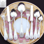 Antique French Sterling Silver 8pc Flatware Set, 3pc Place Setting for Two, Crown Top Armorial Heraldry