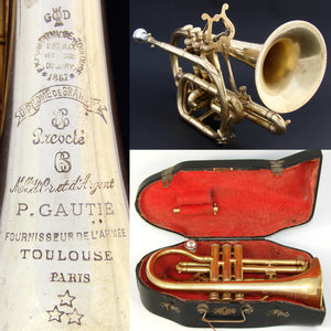 Antique French P. Gautie of Toulouse - Paris Cornet, Horn in Original Box, 1887 World Expo 1st Prize