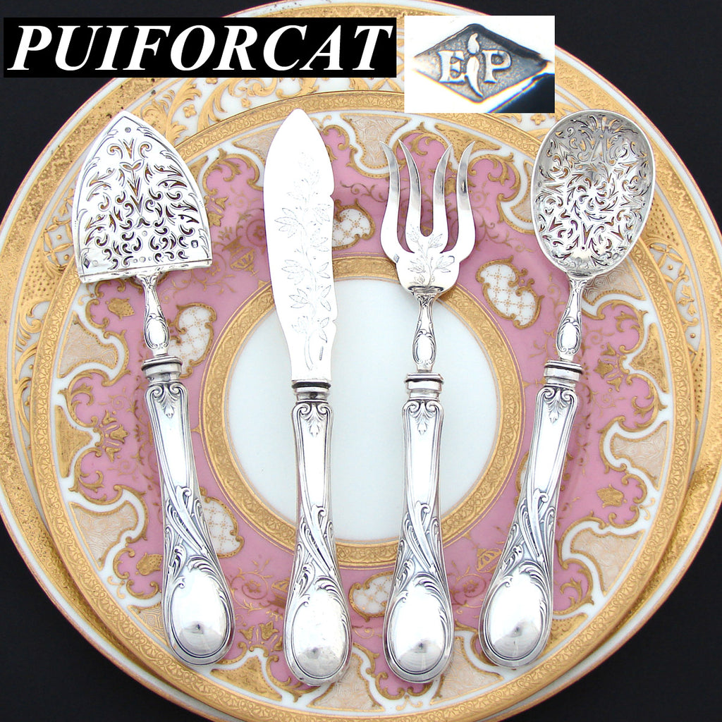 Antique French Puiforcat Sterling Silver 4p Hors d'Oeuvre Implement Set, Art Nouveau Style Pattern