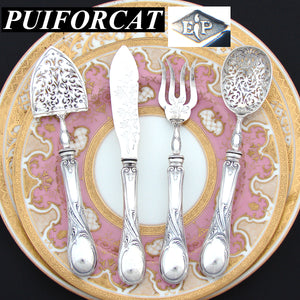 Antique French Puiforcat Sterling Silver 4p Hors d'Oeuvre Implement Set, Art Nouveau Style Pattern