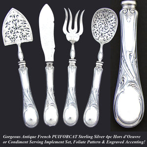 Antique French Puiforcat Sterling Silver 4p Hors d'Oeuvre Implement Set, Art Nouveau Style Pattern