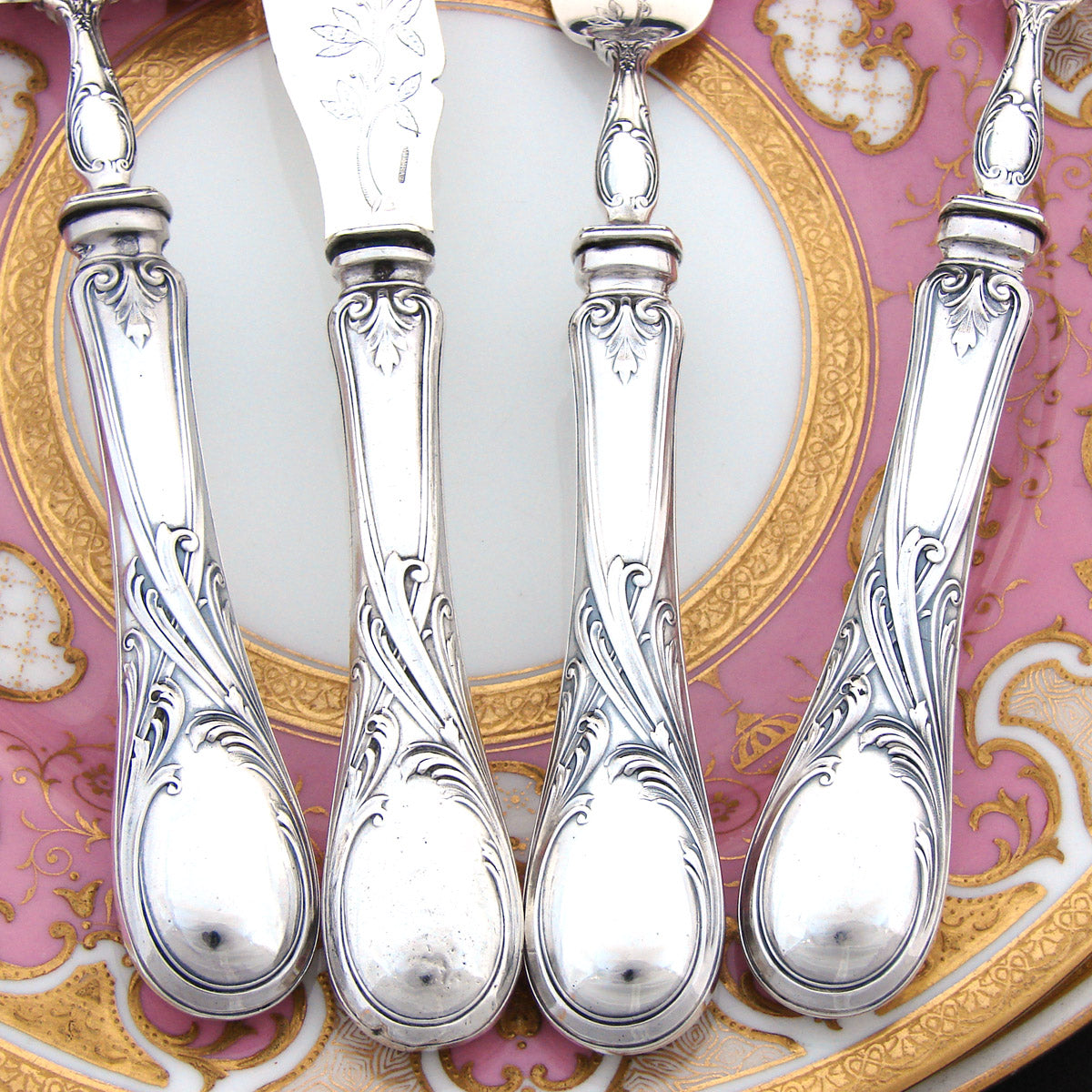 Antique French Puiforcat Sterling Silver 4p Hors d'Oeuvre Implement Set, Art Nouveau Style Pattern