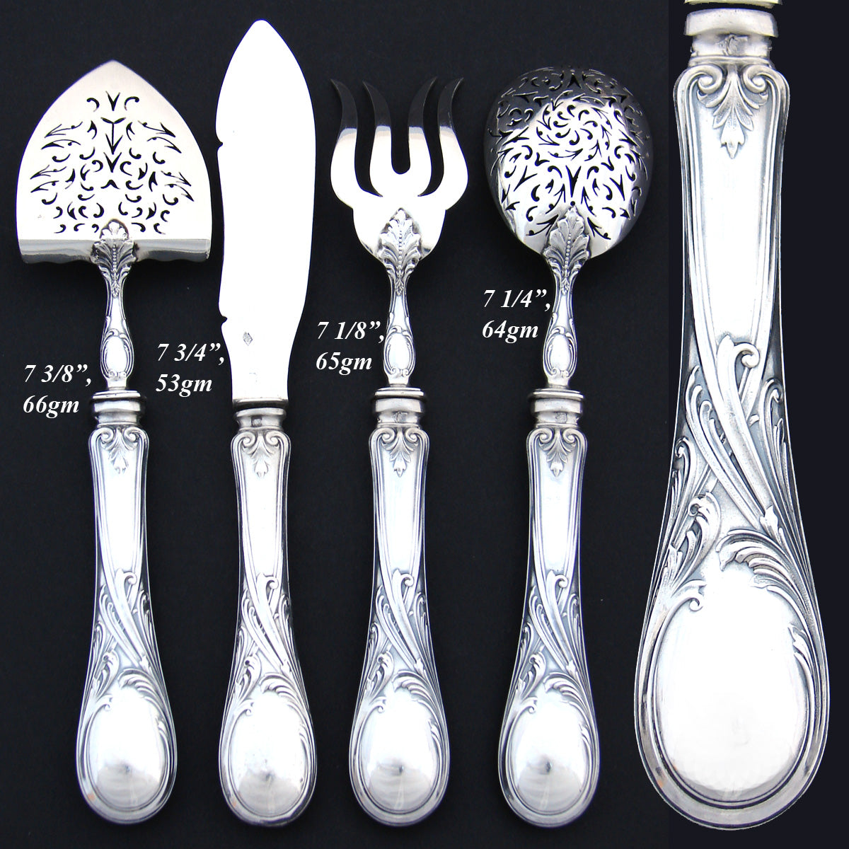 Antique French Puiforcat Sterling Silver 4p Hors d'Oeuvre Implement Set, Art Nouveau Style Pattern