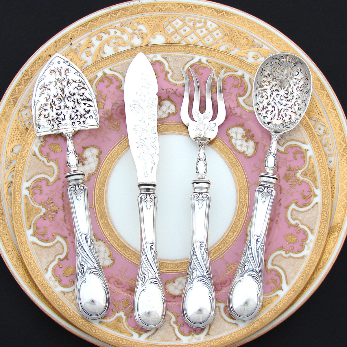 Antique French Puiforcat Sterling Silver 4p Hors d'Oeuvre Implement Set, Art Nouveau Style Pattern