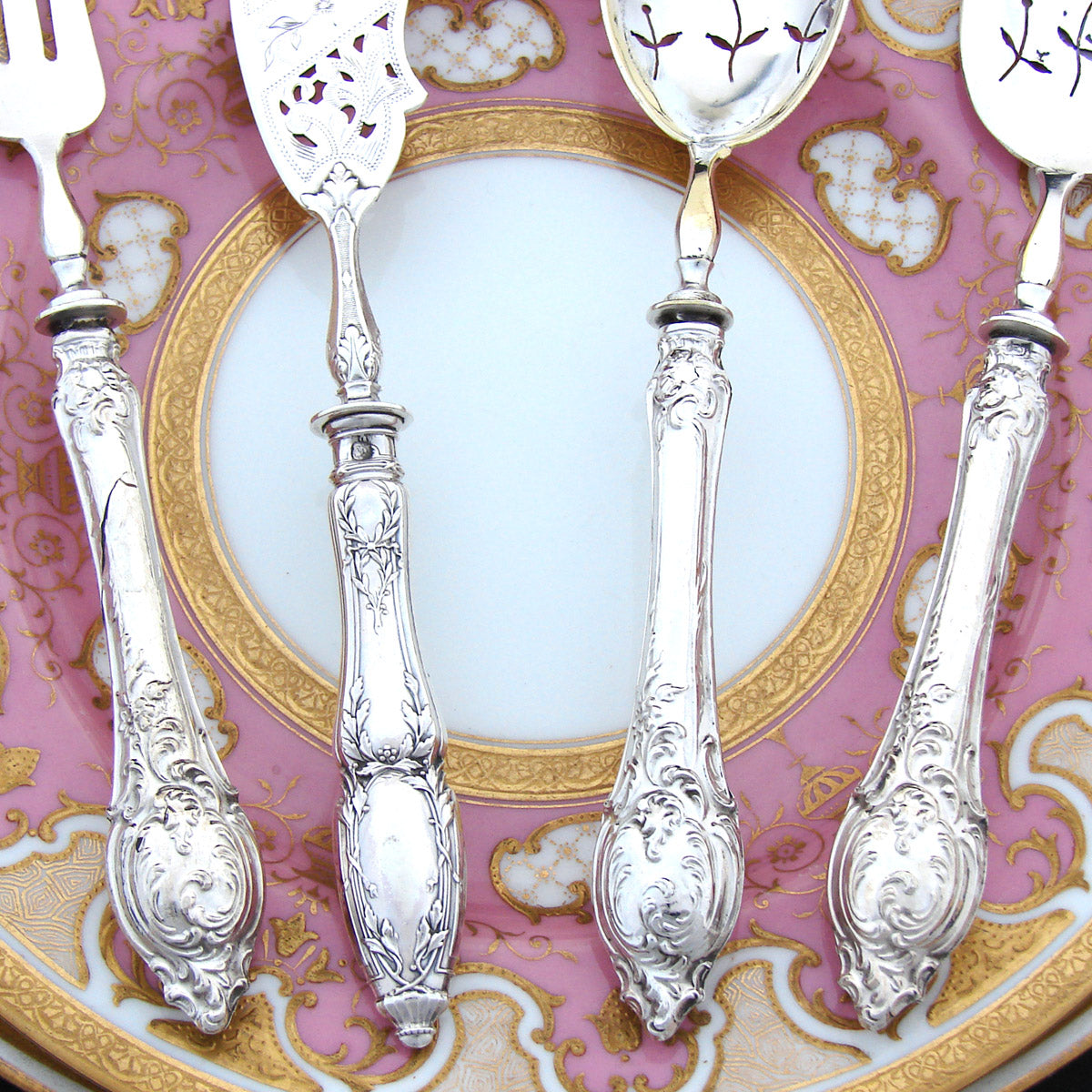 Antique French Sterling Silver 4p Hors d'Oeuvre Implement Set, Gorgeous Napoleon III Box