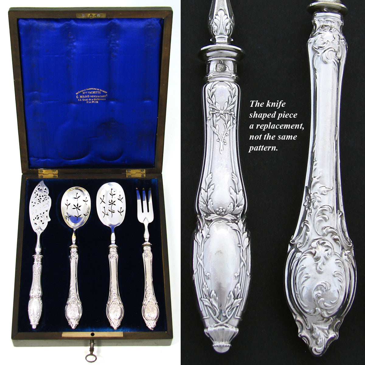 Antique French Sterling Silver 4p Hors d'Oeuvre Implement Set, Gorgeous Napoleon III Box