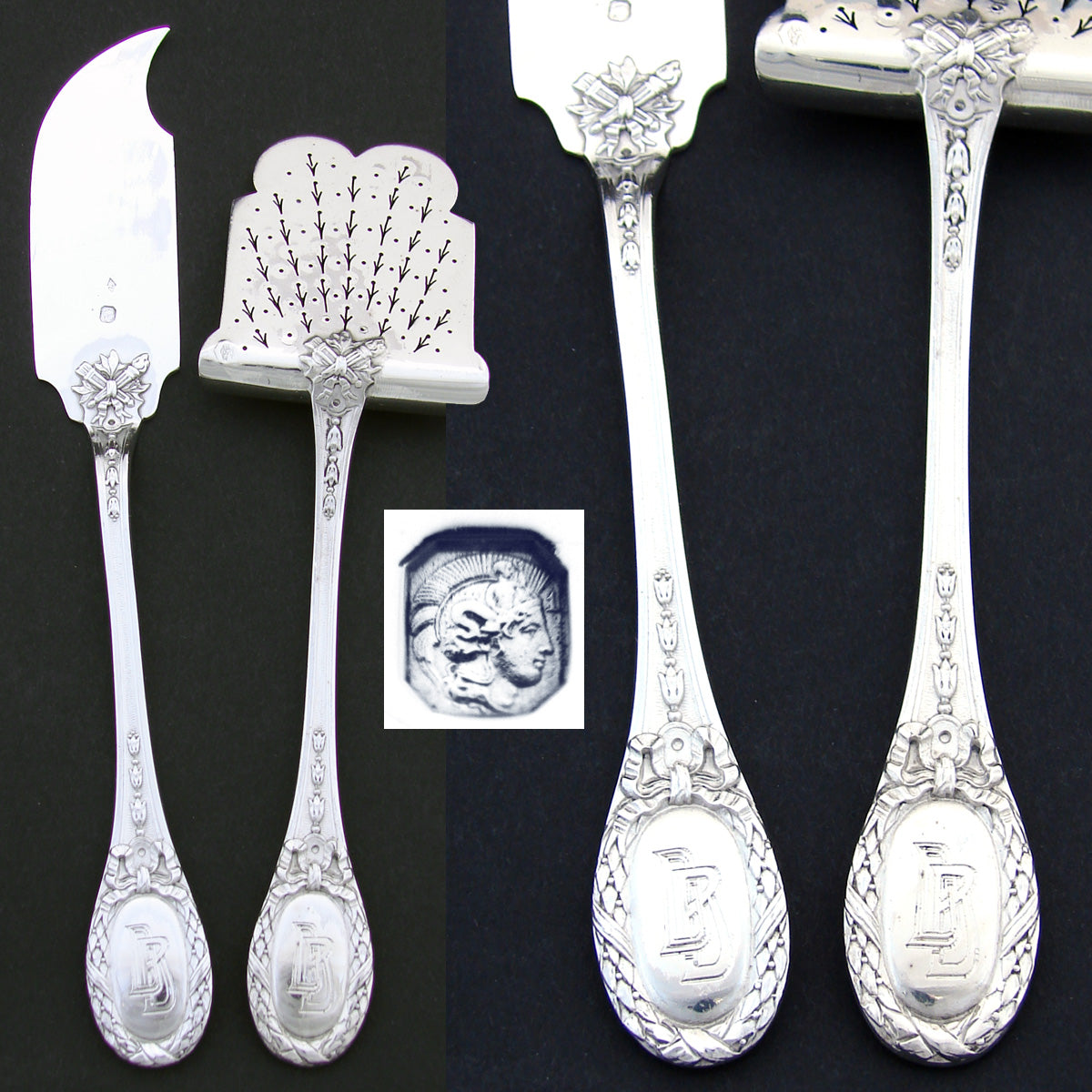 Antique French Sterling Silver 2pc Hors d'Oeuvre Implement Pair, Empire Torch & Quiver