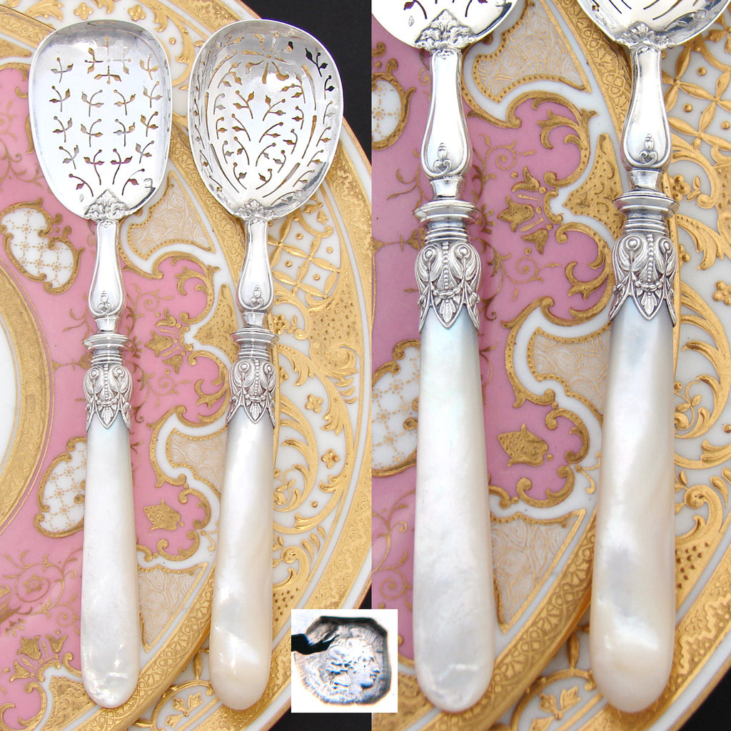 Lovely Antique French Sterling Silver & Mother of Pearl 2pc Condiment or Hors d'Oeuvre Pair