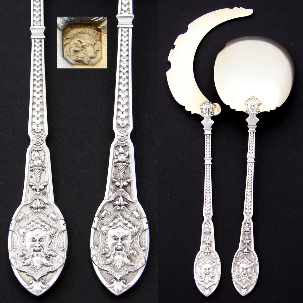 Antique French Sterling Silver & Vermeil 2pc Ice Cream or Dessert Serving Set, Mascaron Figural