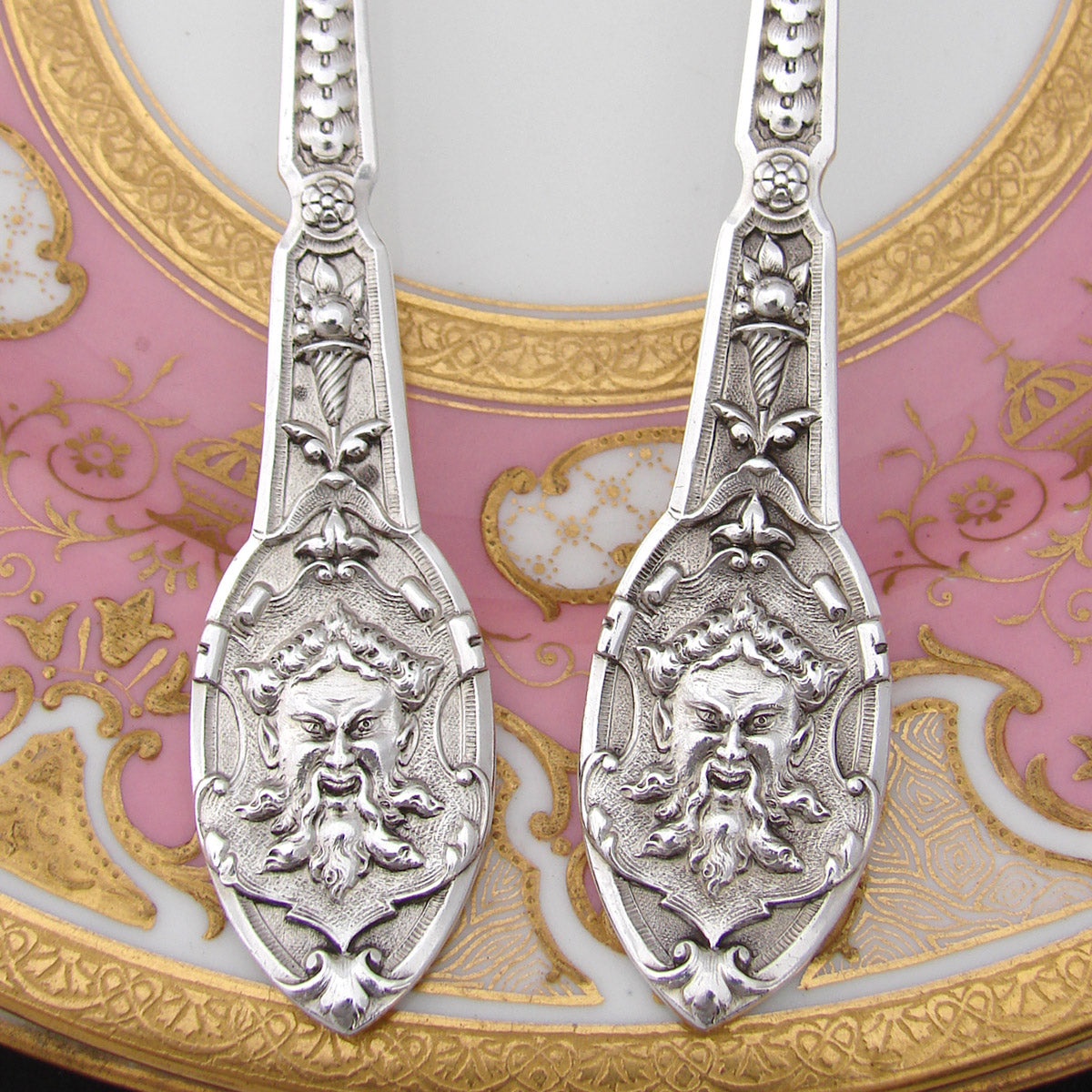 Antique French Sterling Silver & Vermeil 2pc Ice Cream or Dessert Serving Set, Mascaron Figural