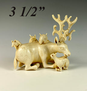 Antique Large Hand Carved Japanese Netsuke, Ivory Elk + 4 Animals, Signed