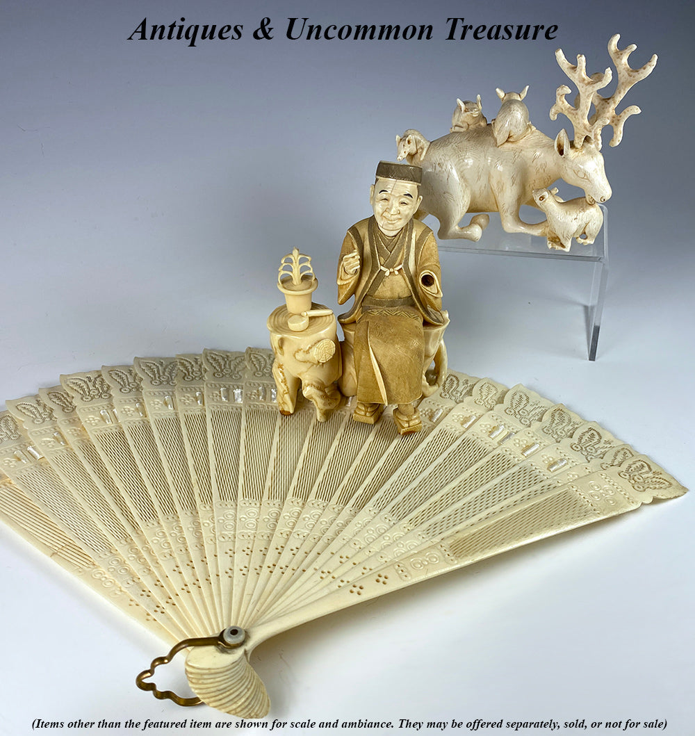 Antique Large Hand Carved Japanese Netsuke, Ivory Elk + 4 Animals, Signed