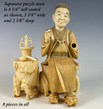 Antique Japanese HC Ivory Figure, Gardener Man is a Puzzle, 4.25" Tall, Seated w Bonsai
