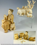 Antique Japanese HC Ivory Figure, Gardener Man is a Puzzle, 4.25" Tall, Seated w Bonsai