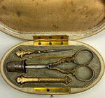 Antique French Napoleon III Sewing Set, Silver Vermeil, Ivory Etui Carnelian Thimble