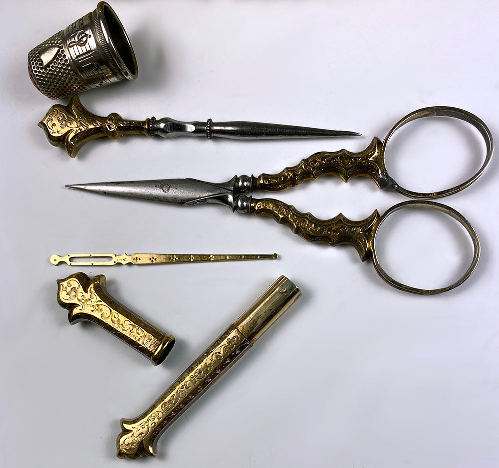 Antique French Napoleon III Sewing Set, Silver Vermeil, Ivory Etui Carnelian Thimble