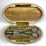 Antique French Napoleon III Sewing Set, Silver Vermeil, Ivory Etui Carnelian Thimble