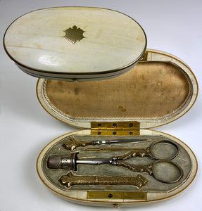 Antique French Napoleon III Sewing Set, Silver Vermeil, Ivory Etui Carnelian Thimble