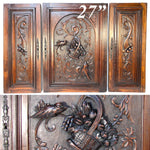 Fab Antique French Black Forest Style Carved Cabinet Door Panels, 3pc, Flower Basket, Bird Figures