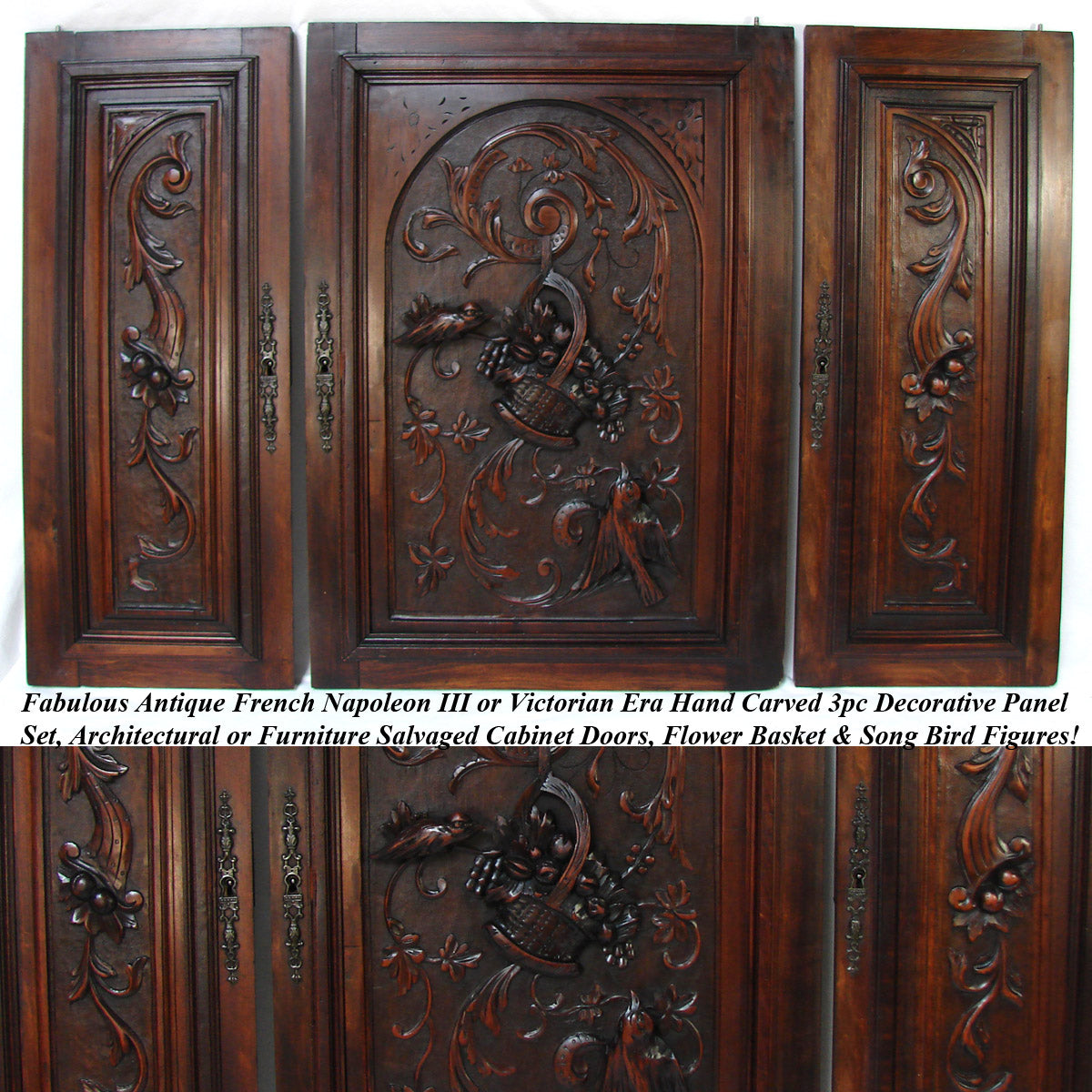 Fab Antique French Black Forest Style Carved Cabinet Door Panels, 3pc, Flower Basket, Bird Figures