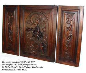 Fab Antique French Black Forest Style Carved Cabinet Door Panels, 3pc, Flower Basket, Bird Figures