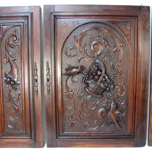 Fab Antique French Black Forest Style Carved Cabinet Door Panels, 3pc, Flower Basket, Bird Figures