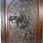 Fab Antique French Black Forest Style Carved Cabinet Door Panels, 3pc, Flower Basket, Bird Figures